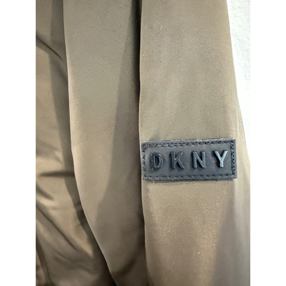 DKNY Women's Puffer Bomber Jacket Faux Fur Trim Hooded Khaki Olive Green - Picture 5 of 7